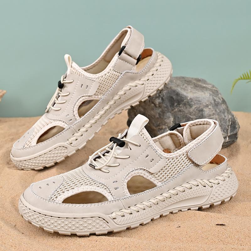 Sandals Men's Tide Summer Toe Cap Outdoor Leisure Sports Hollow Sandals Beach Shoes Handmade Mesh Men Shoes