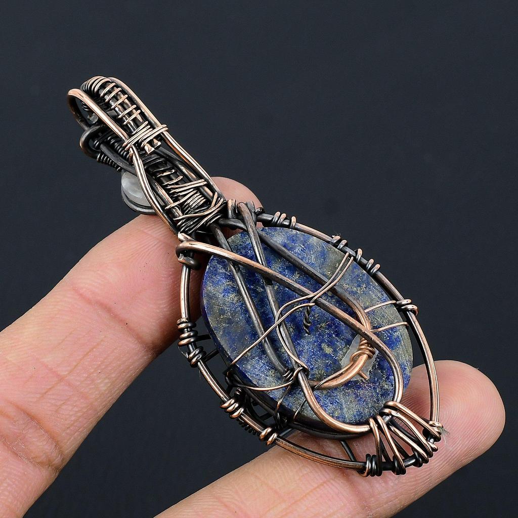 Lapis Lazuli & Moonstone Pendant Handmade Gemstone Jewelry, 999 Copper Wire Wrapped Pendant ,Unique Design Jewelry Pendant