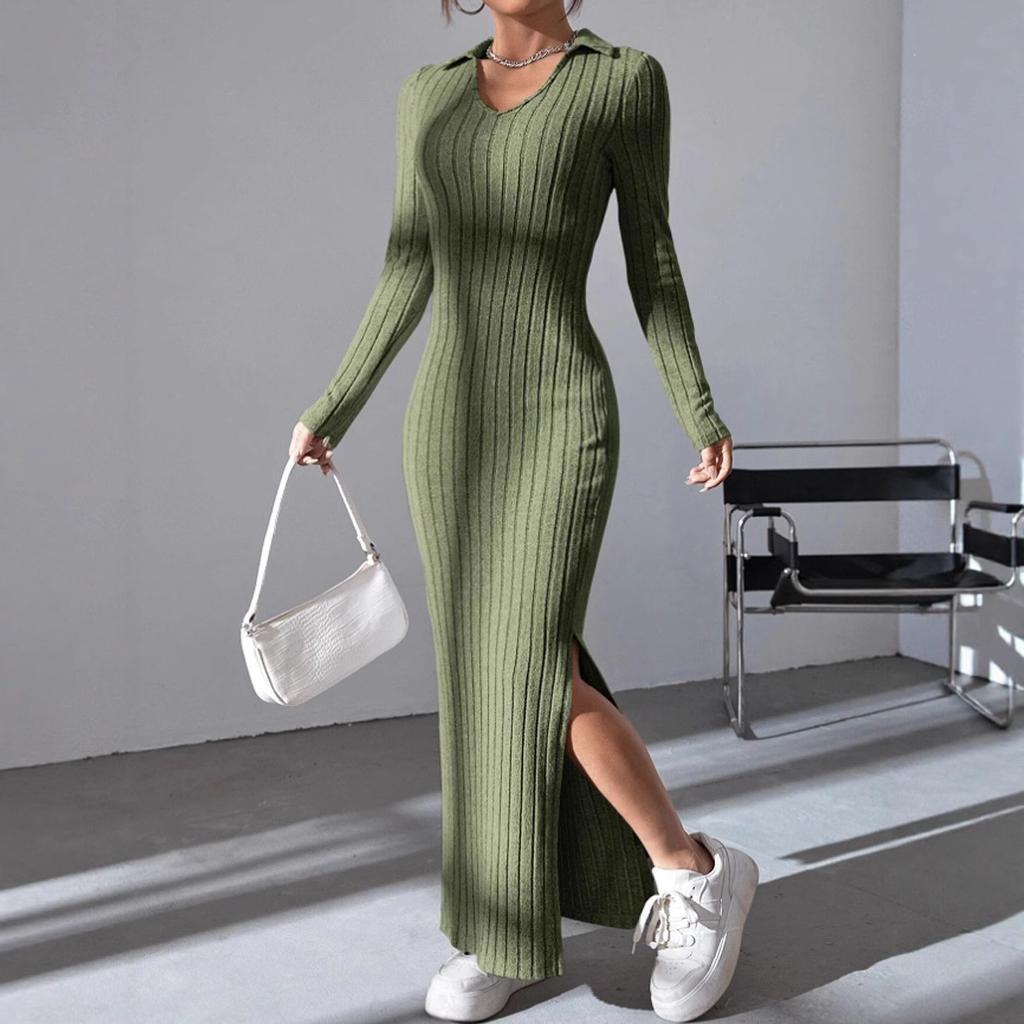 2026 Fall Women Polo Collar Ribbed Knit Maxi Dress Long Sleeve Slim Bodycon Side Slit Elegant Midi Long Dress
