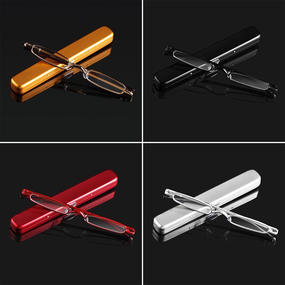 Brillen Federgelenk Metallrahmen Lesebrillen mit tragbarem Stiftclip-Etui Mini-Lesebrillen Blaulichtblockierend