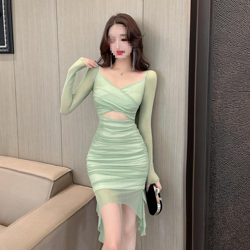 2024 Spring Mesh Waist-Slimming Bodycon Dress - Women's Irregular Hip-Hugging Clubwear
