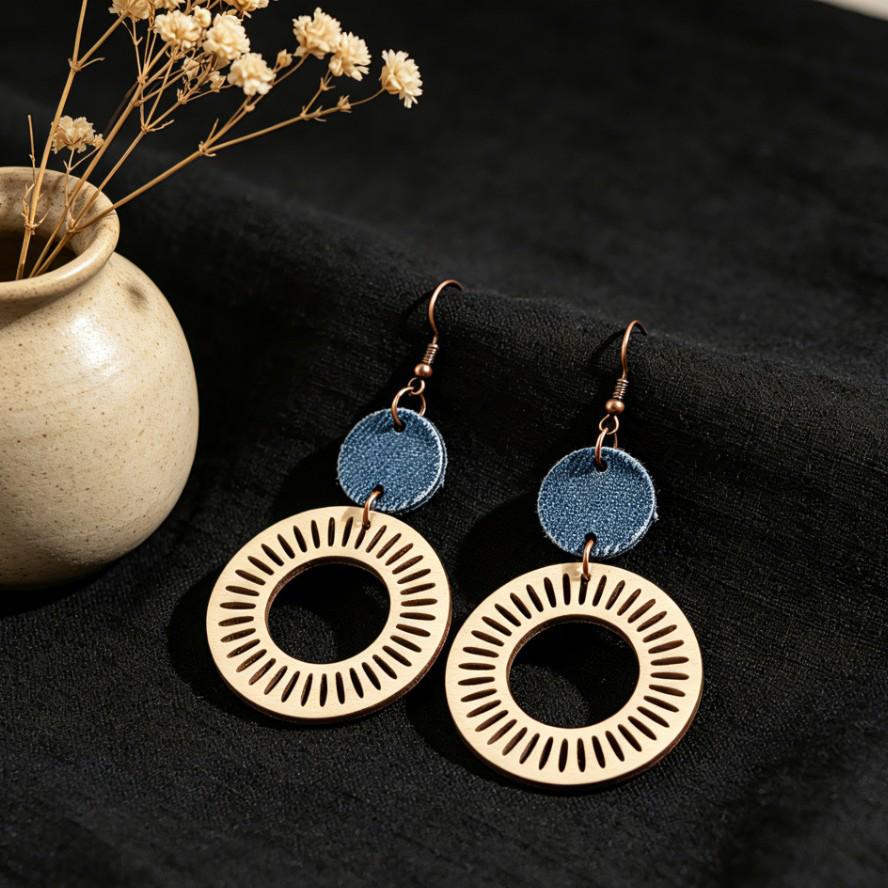 Vintage Hollow Geometric Denim Patchwork Wooden Earrings for Women