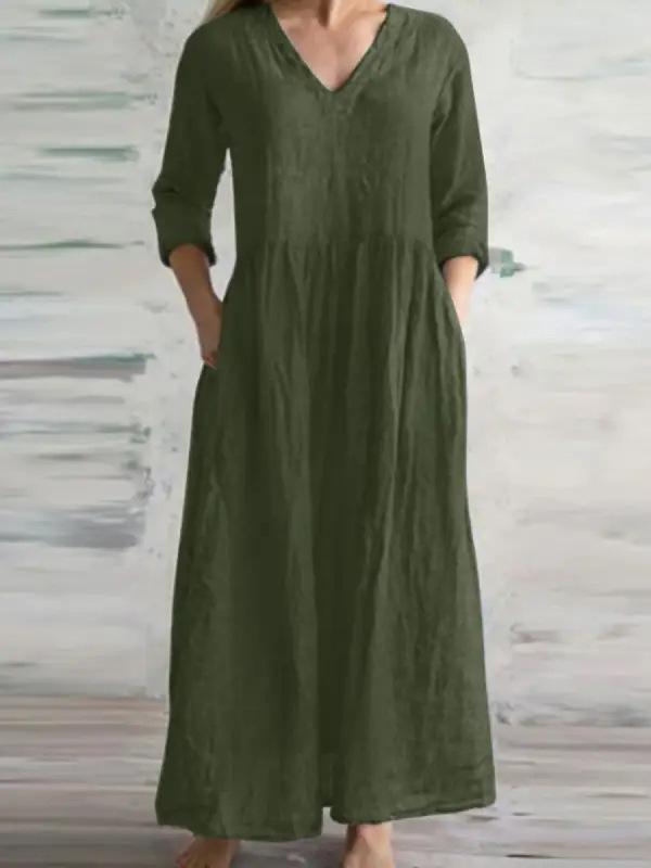 

Cotton Linen Loose Long Dresses For Women 2026 Spring Autumn New Casual Half Sleeves V-neck Maxi Dress Simple Style Lady Vestido 5XL зелений