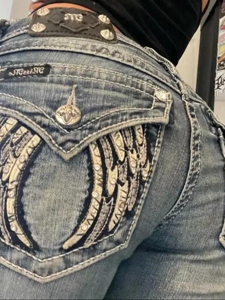 LUXEON Американские Ретро Узкие Расклешенные Джинсы Женские Y2k Харадзюку Готические Винтажные Карманы Вышитые Синие Джинсовые Брюки Низкая Талия Широкие Брюки S синий