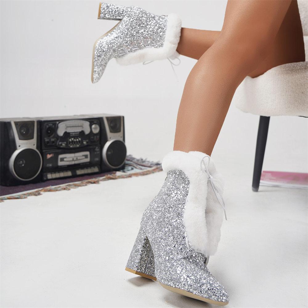 Elegantes Botins de Tornozelo Sexy com Lantejoulas para Mulheres Sapatos Femininos de Amarrar Salto Alto Bico Fino Botins Modernos para Senhoras Femininos