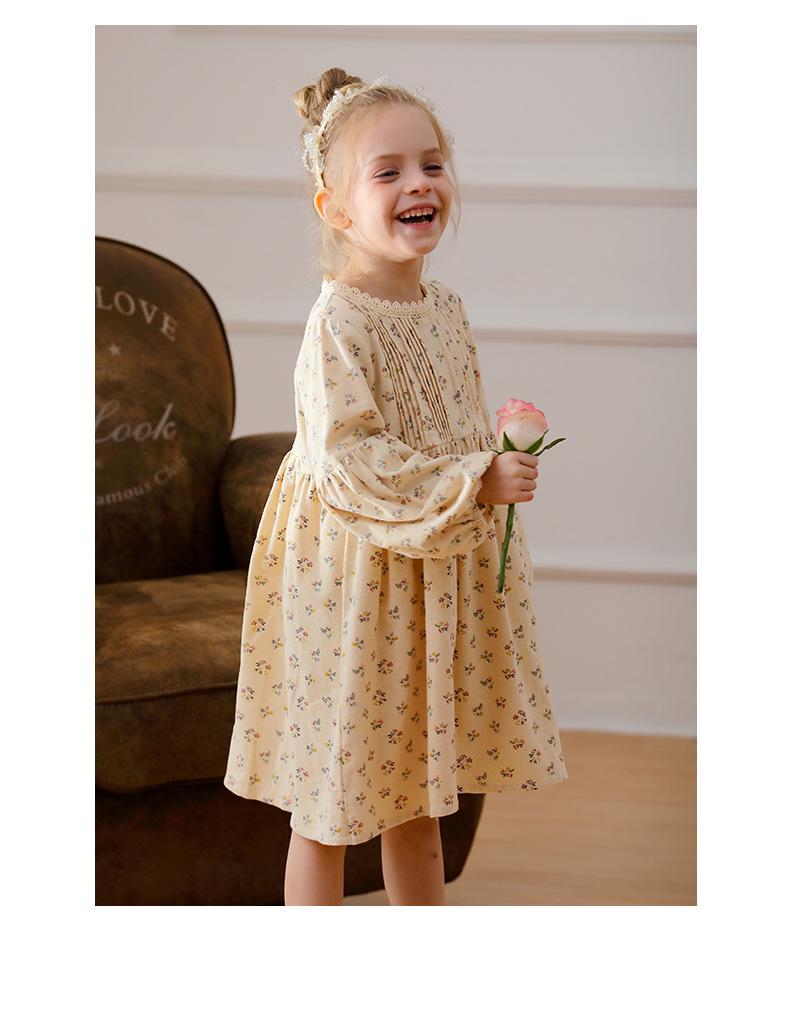 Spring 2026 Korean Forest-Style Floral Print Dress with Pleated Stand Collar, Puff Long Sleeves, and Lace Accents for Girls