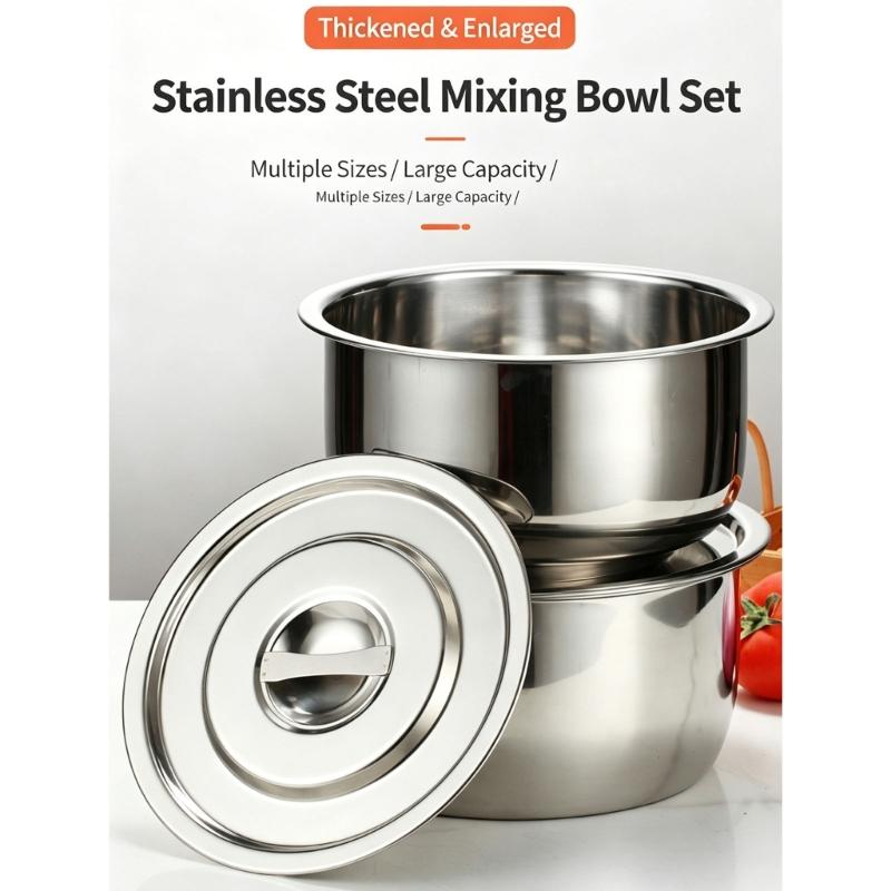 Covered Metal Bowl with Lid for Seasoning Work, Kitchen Storage, Warming, and Soup Service in Family Cooking Use