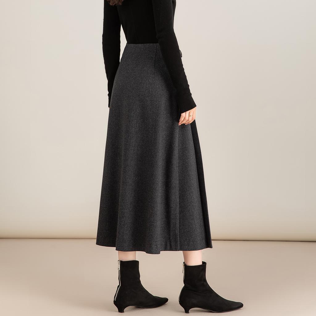 Women's High Waist A Line Midi Skirt No Stretch Wool Blend Pleated Winter Casual Skirt