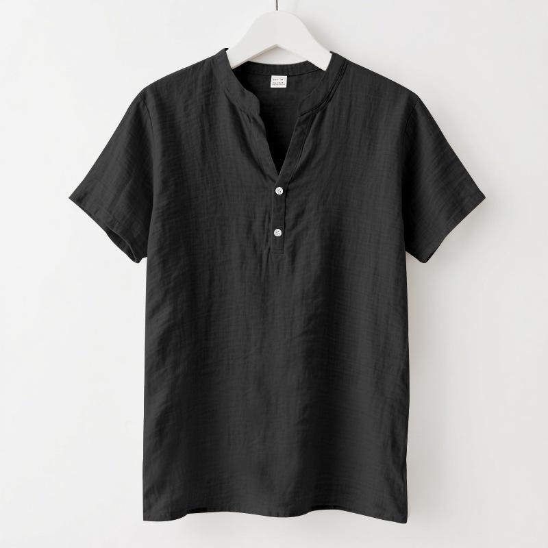 Summer Men's Casual Loose-Fit Shirt with Stand Collar Linen Short-Sleeved Plain-Coloured Shirt Plus Size Menswear