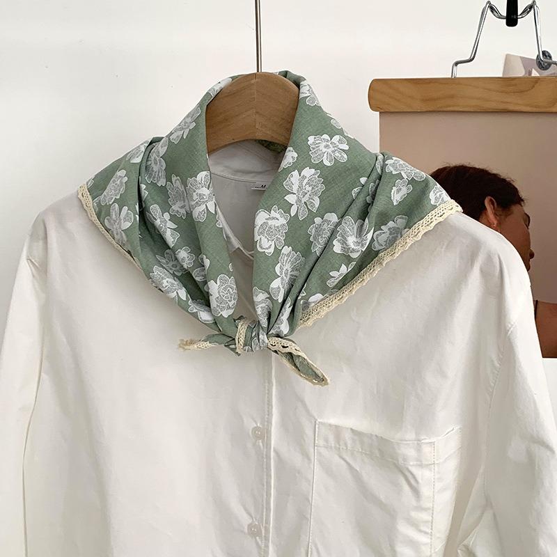 Headscarf Summer women's pastoral floral cotton and linen small square scarf small fresh high-grade lace headband silk scarf scarf