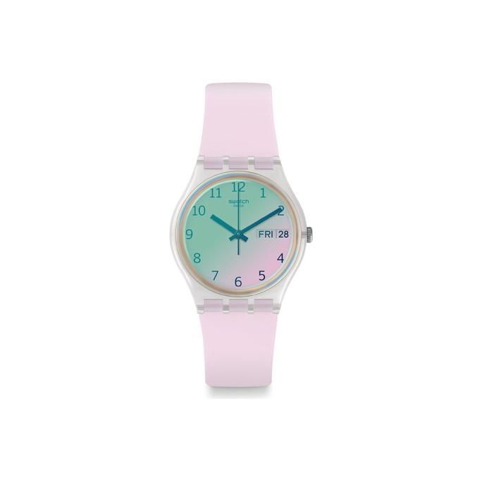 Swatch Quartz Movement Dual Date Laser Mirror Waterproof Watch Pink Dial Plastic Case Silicone Strap Unisex watches GE714 Pink