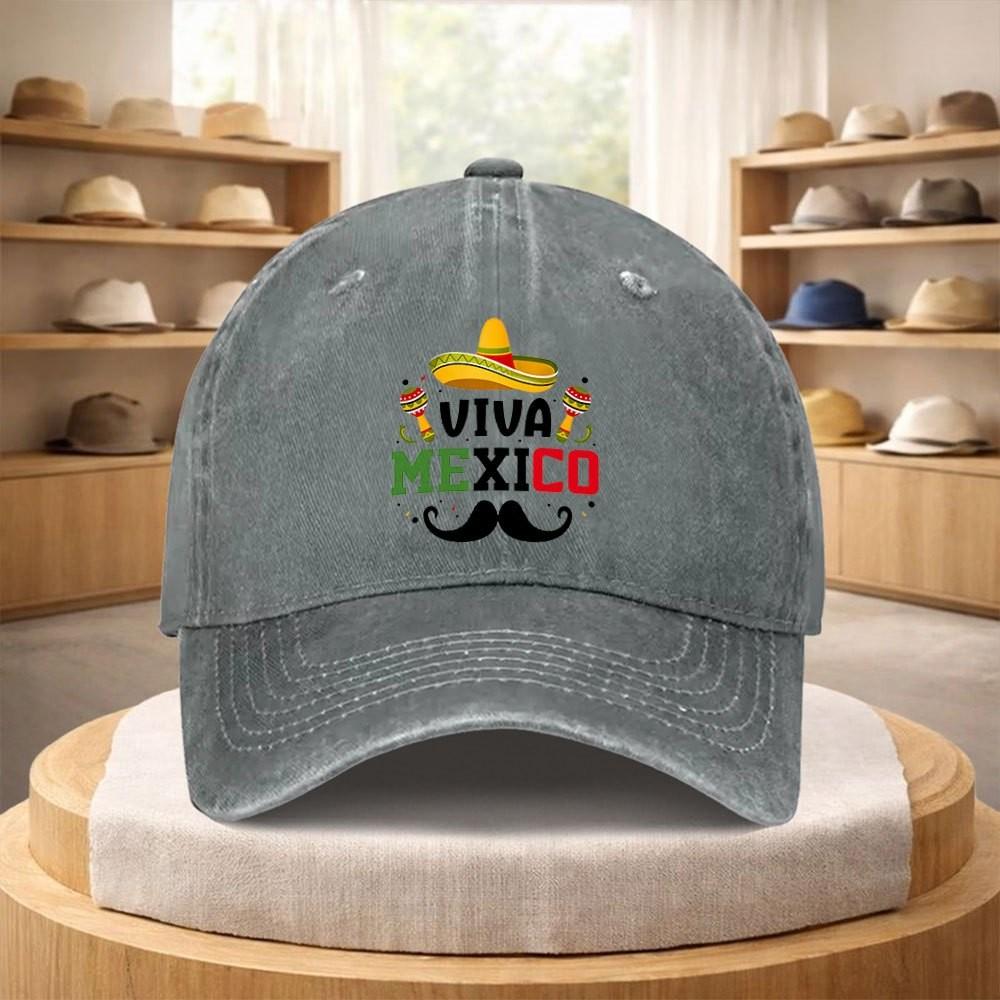 Viva Mexico Sombrero Print Washed Denim Baseball Cap Adjustable Casual Street Style Hat for Unisex