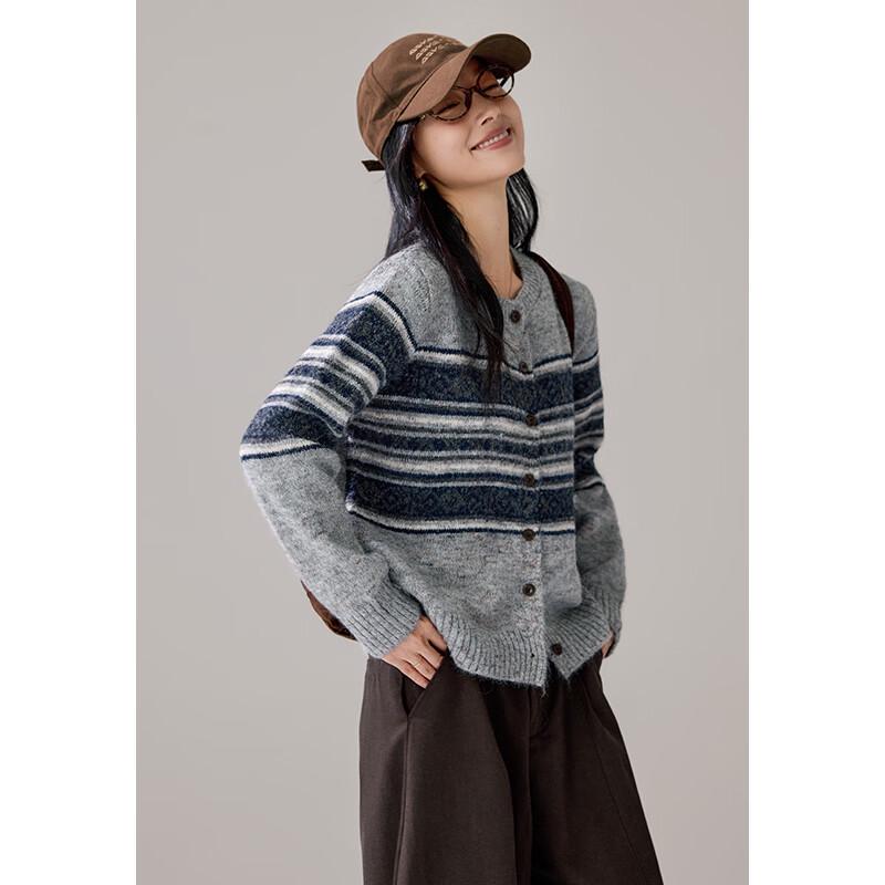 VICTORIA&VERA Wool-Blend Striped Button-Up Knit Cardigan