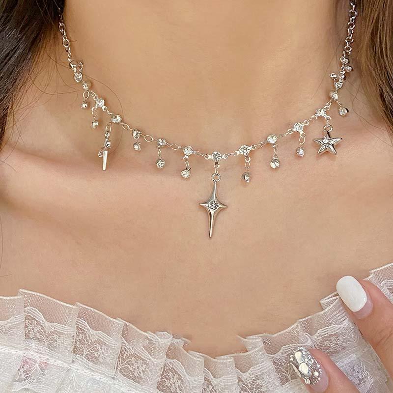 Harajuku Four Pointed Star Tassel Necklace for Women Aesthetic Charm Water Drop Pendant Necklace Jewelry Gift