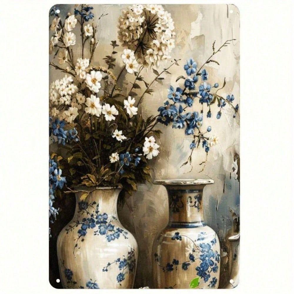 Vintage Floral Vase Metal Poster, Wall Art Painting for Living Room