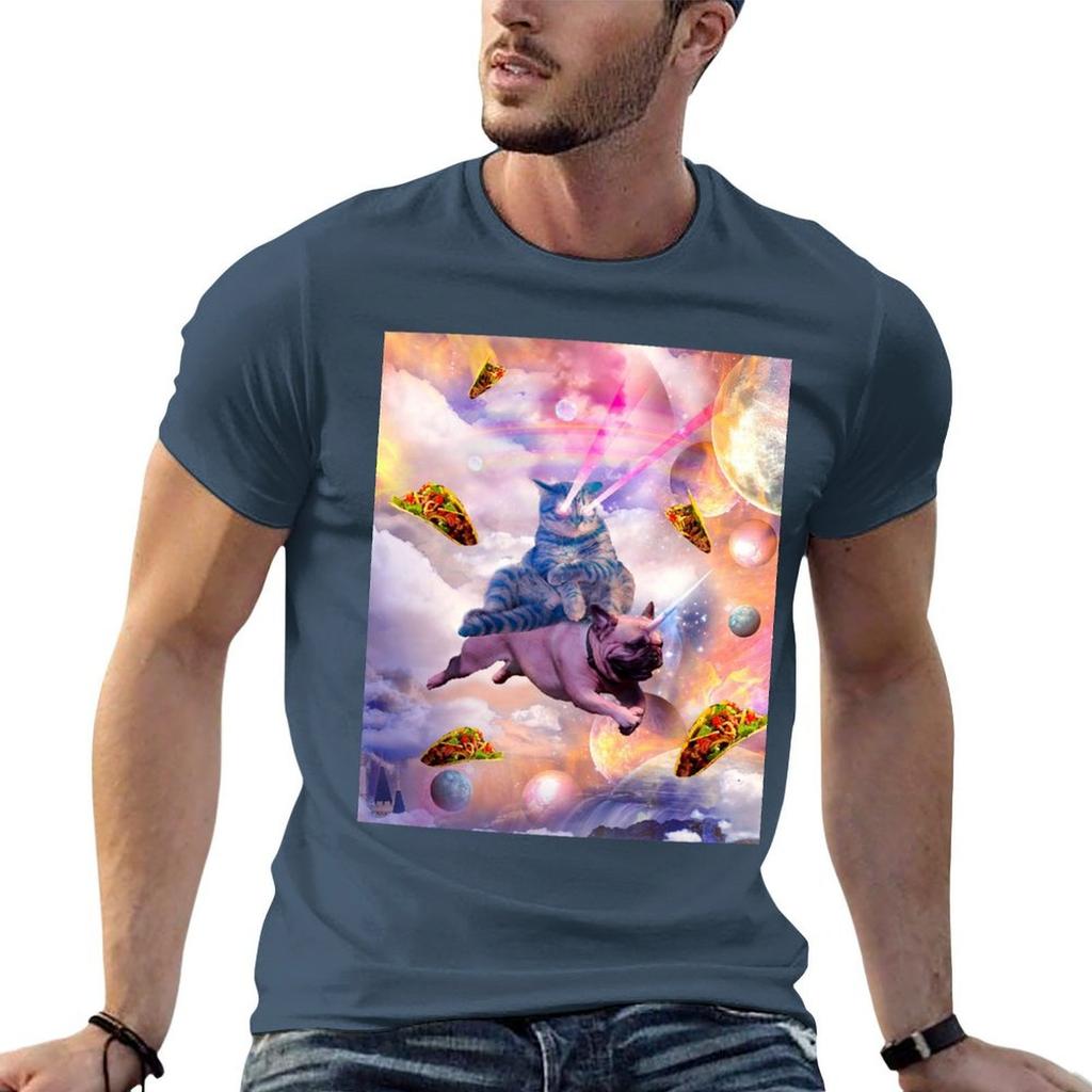 Cosmic Laser Cat Riding Unicorn Pug Tshirt Large Size Soft Cotton Tshirt