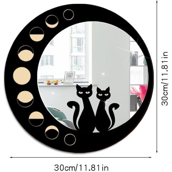 Cat Wood Mirror Wall Decor Art, Cute Cat Wooden Framed Acrylic Mirror Wall Stickers, Boho Black Cats Moon Phase Decorative Mirrors, Wooden Aesthetics