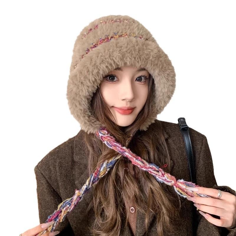 Color Blocked Autumn and Winter Warm Plush Hat Fashionable Ear Protection Pullover Hat Personalized Versatile Cold Proof Knitted Hat for Women