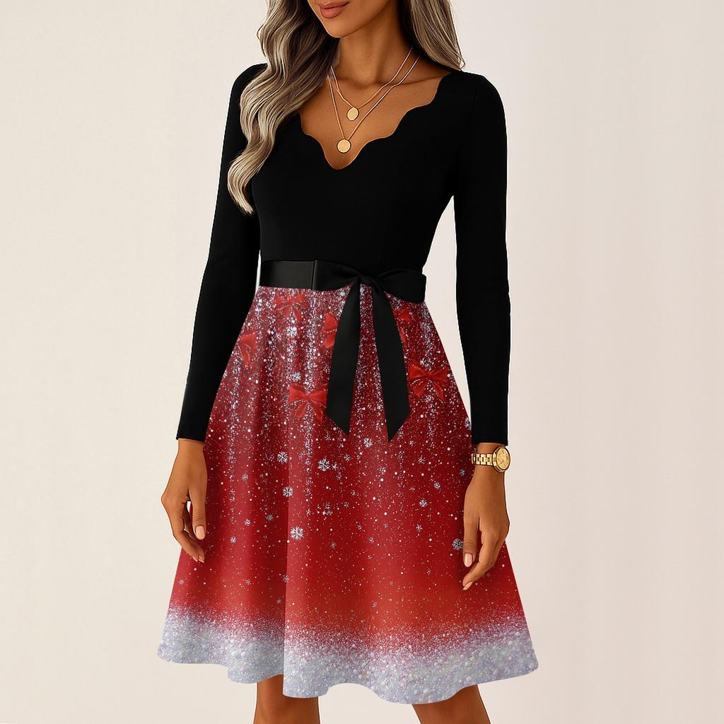 Abiti Lunghi Vintage Casual da Donna alla Moda a Maniche Lunghe con Stampa Grafica Natalizia