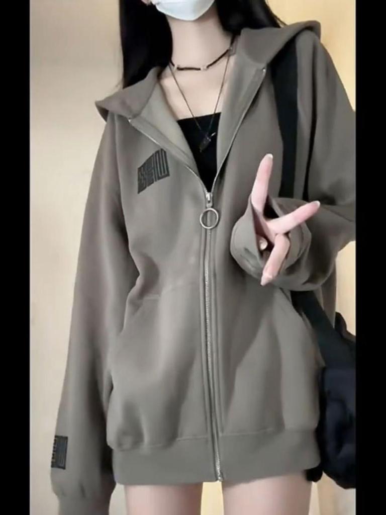 Women's Oversized Retro Streetwear Zip-Up Hoodie - Thin, Loose Fit for Autumn/Spring