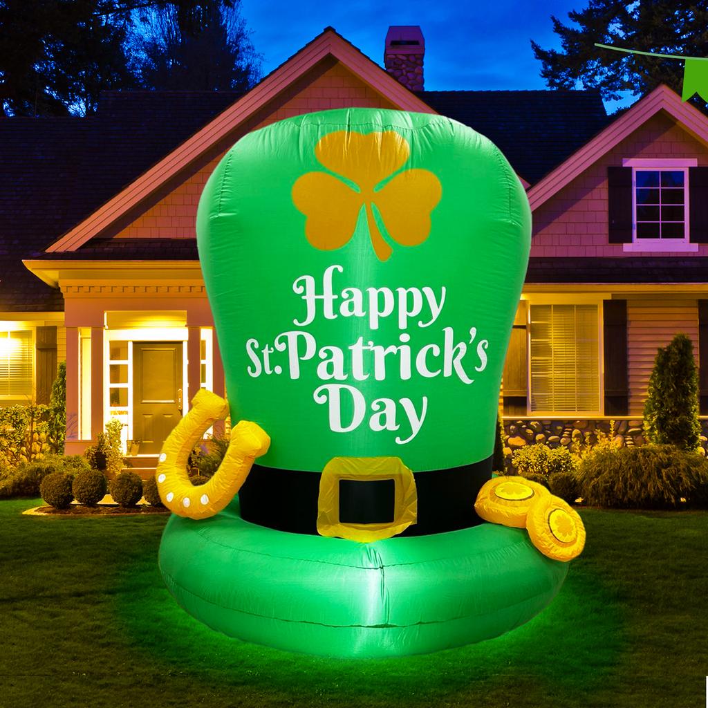 St. Patrick's Day Inflatable Decorative Hat with Gold Coins and Horseshoe Inflatable Leprechaun Hat for Yards and Gardens