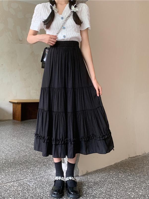 Spring 2025 Sweet Korean High Waist White Lace Midi A-line Skirt