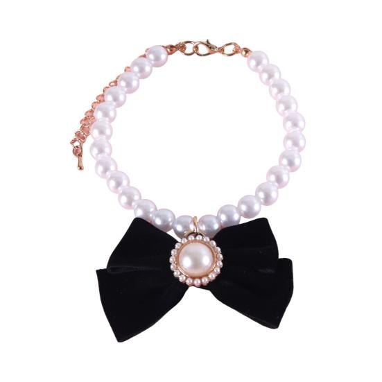 Princess Style Cat Necklace Faux Pearls Velvet Bowknot Decor Adjustable Design Pet Kitten Collar Pet Accessory