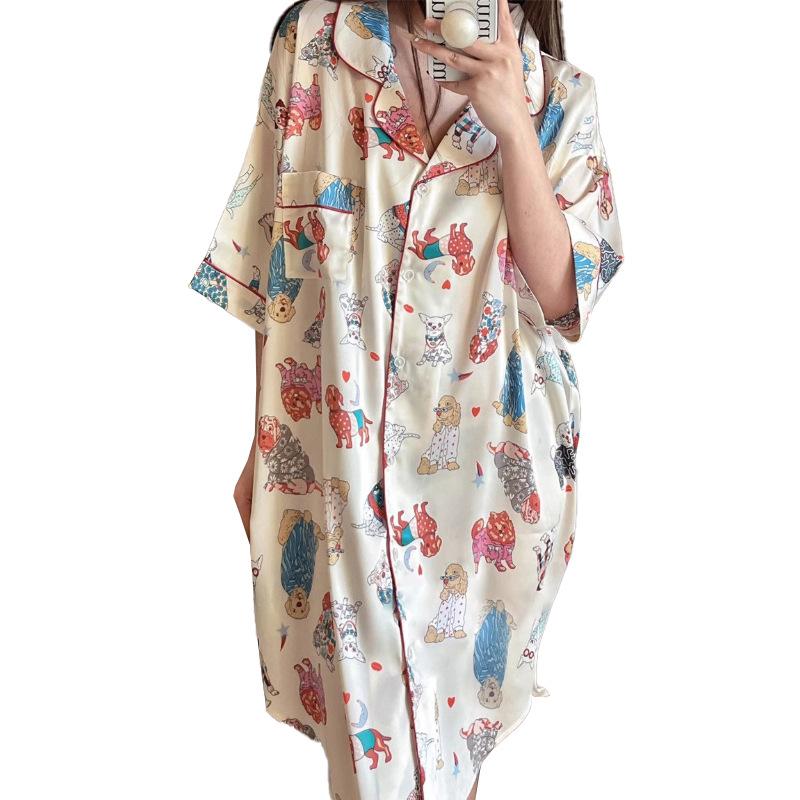 Ice Silk Summer Thin Girl Short-Sleeved Nightdress Cardigan Loose Medium And Long Full Print Loungewear
