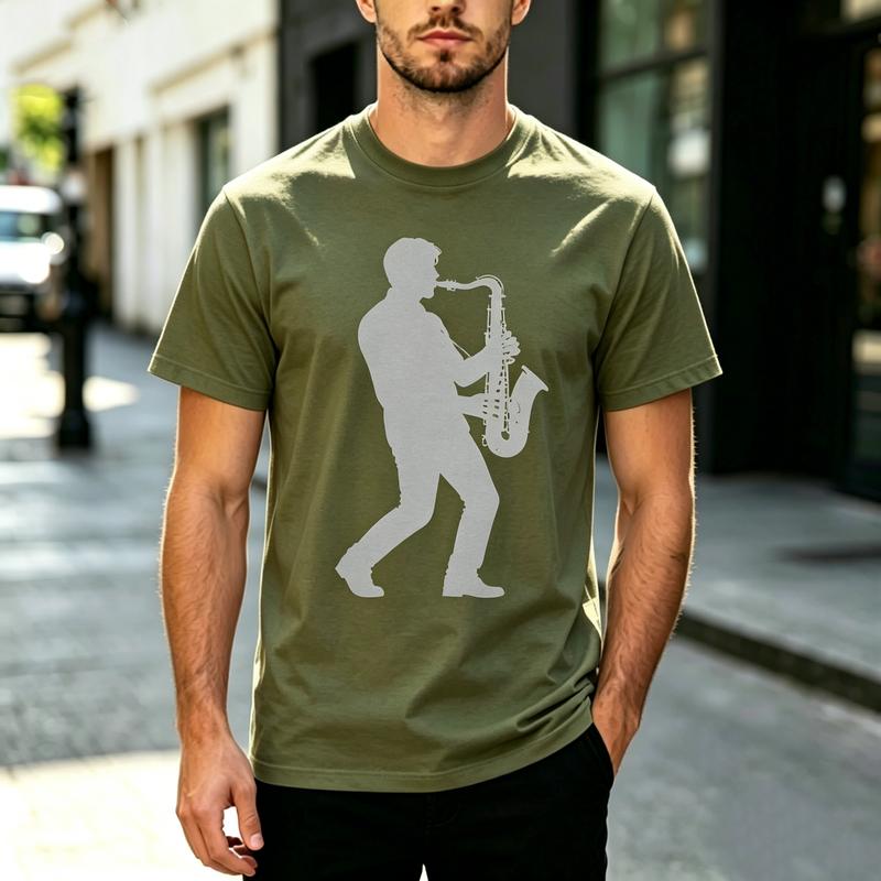 Vintage Jazz Music Saxophone Player Silhouette Print Unisex Short Sleeve T Shirt Cotton Summer Streetwear Casual Tee