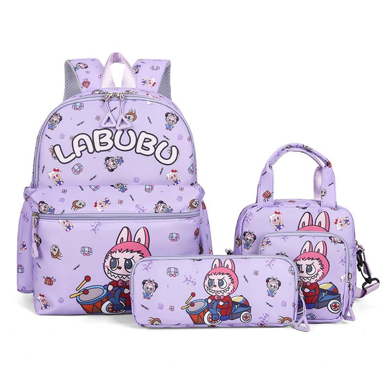 Conjunto de Mochila de 4 Peças LABUBU Desenho Animado Estampa Fofa para Meninas - Mochila Escolar para Ensino Fundamental