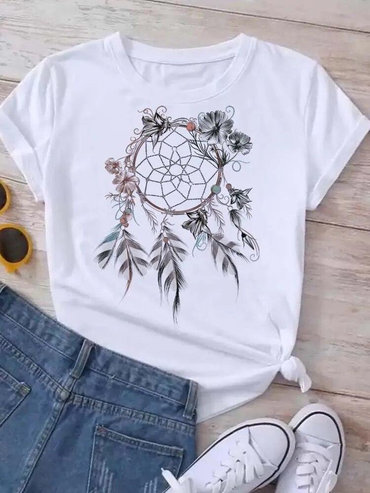 Women's Pattern Short Sleeve T-Shirt Women's Summer Clothing Feather 90S Fashion Women's University T-Shirt