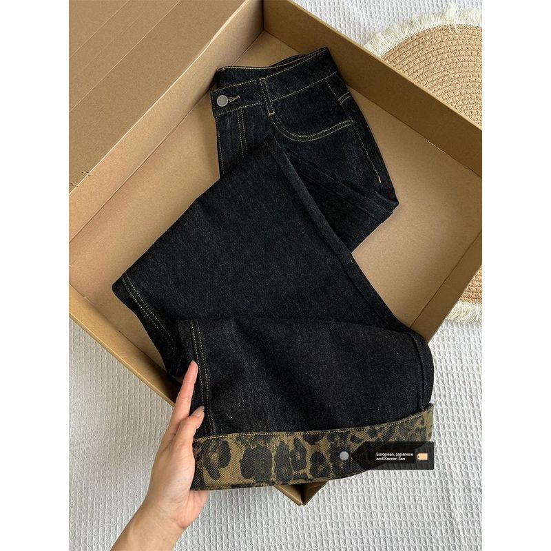 

Plus Size American High Waist Wash Black Wide-Leg Denim Women s Autumn New Arrival Retro Straight-leg Mop Straight-leg Pants Black [Quality Edition]] S