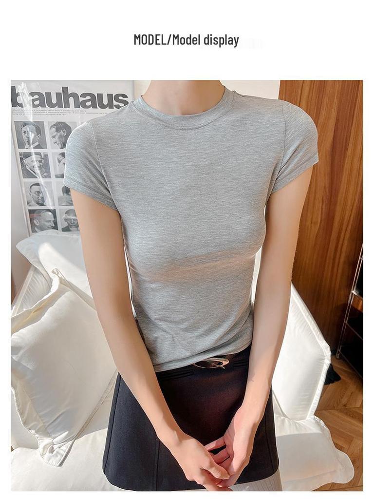 Modal Short Sleeve Crew Neck Women's Slimming Versatile T-Shirt - Nude Feeling, Straight Shoulder, Comfortable Fit