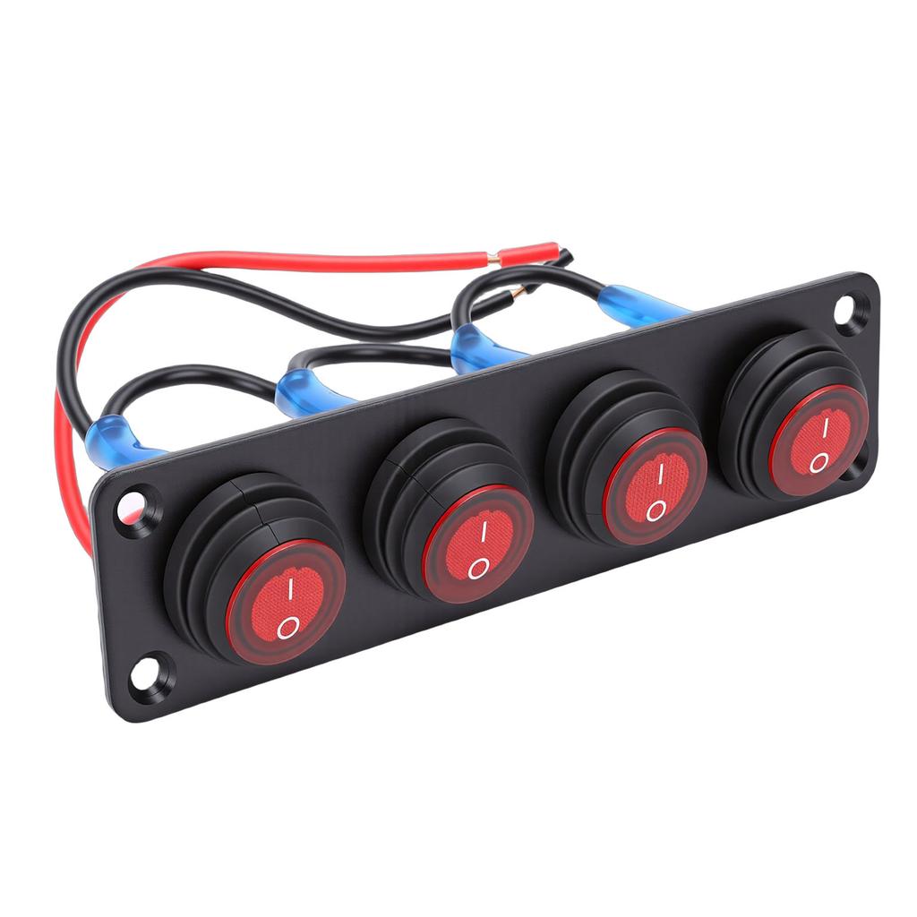 Round Toggle Switch Panel 4 Gang Red Water Proof LED Rocker Switch Panel for Car Boat Yacht UTV ATV Truck Trailer RV
