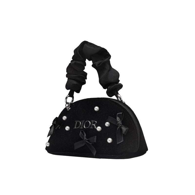 DIOR Bag [Customized Cosmetic Bag] Canvas Serenade Pearl Bow Sweet Cool Classic Romantic Elegant Nobility Black Semi-circle Velvet High-end Travel