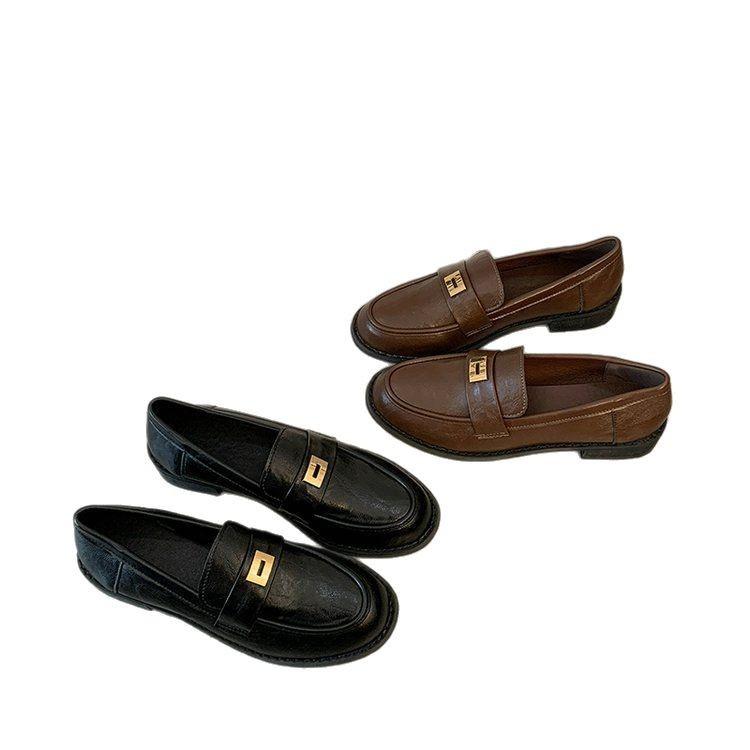 [Yushilai] Metal buckle retro loafers women's 2025 spring new soft-soled British-style temperament small leather shoes