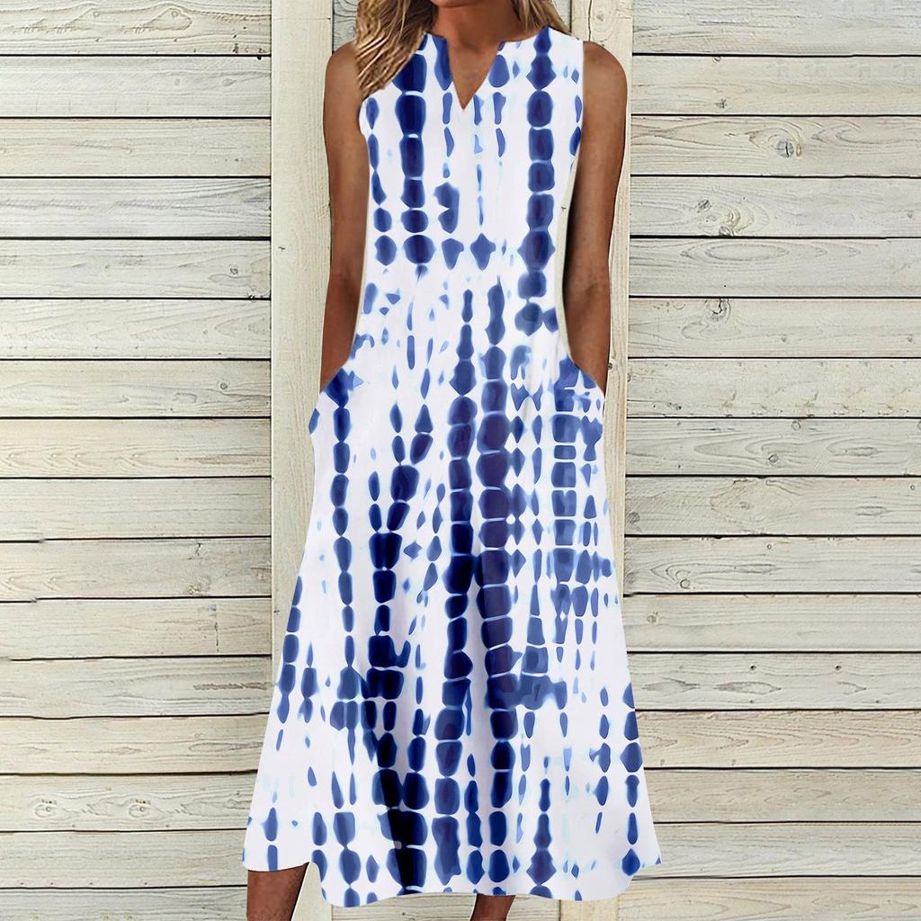 Women's Summer Casual Fashion Printed Sleeveless V-Neck Pocket Dress