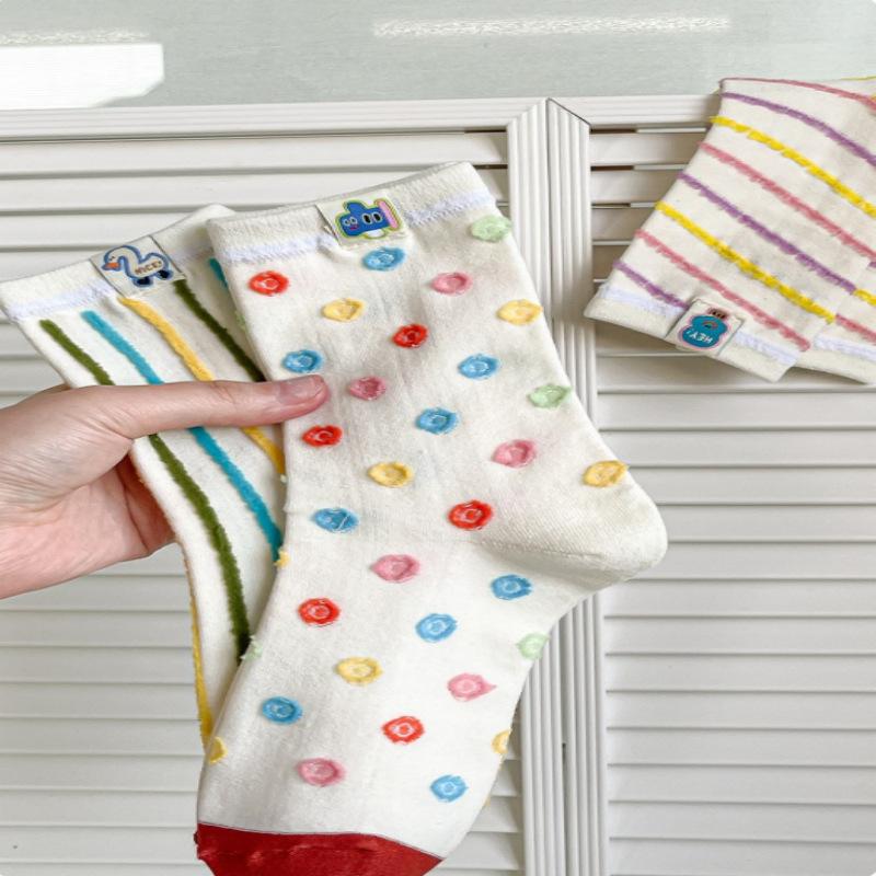 Cartoon Fabric Label Socks for Women's Summer Trend Design. Colorful Polka Dot Stripes Are Cute and Funny. Wear Mid-calf Socks Inside Out