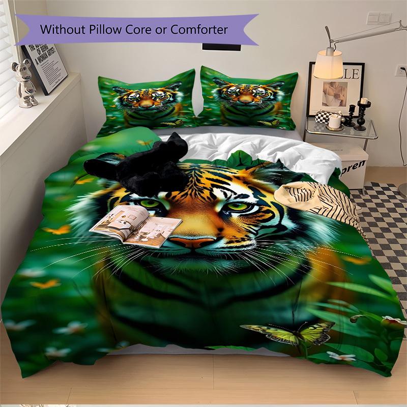 3Pcs Tiger Print Printed Bedding Set, Breathable And Soft, Machine Washable, Christmas Gift, Suitable for Bedroom Decoration, 15143