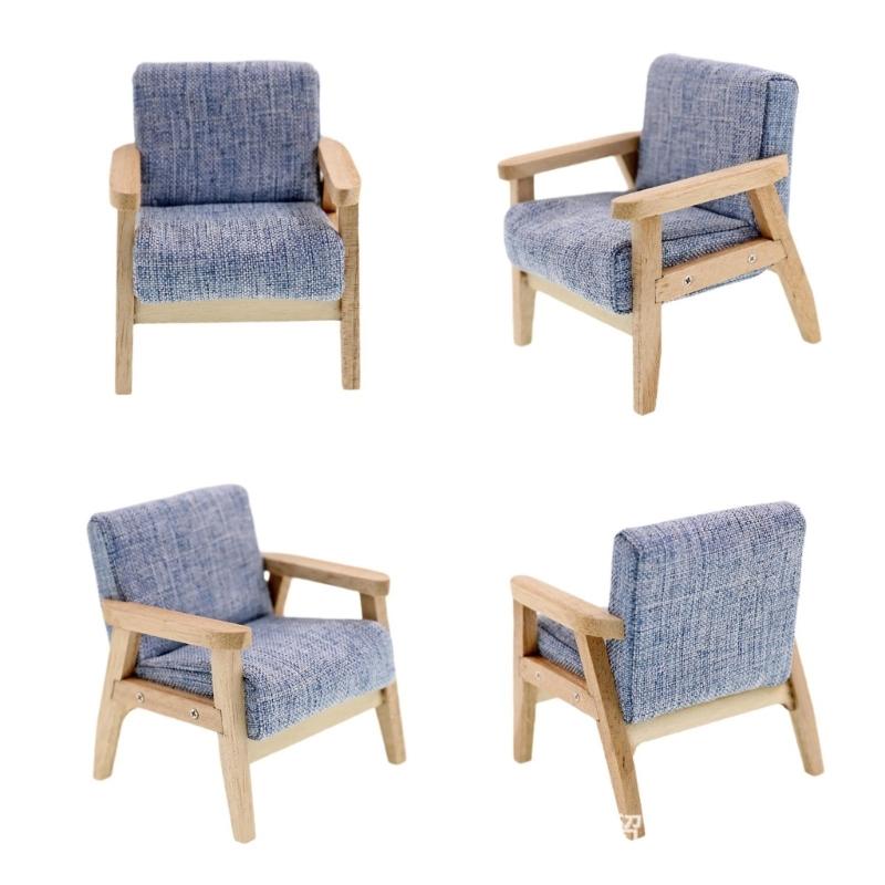 Model Home Furniture Chair 1:12 Scale Wood Frame, Padded Fabric Seat for Small Living Room Layouts and Builds Use