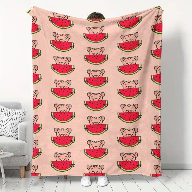 1pc Flannel Blanket Cute Pig Holding Watermelon Print Style Autumn Winter Warm Soft Skin-Friendly Blanket Home Office Nap Blanket Sofa Casual Blanket
