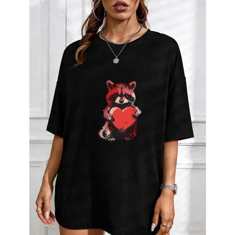 Cute Raccoon Holding Heart Graphic T Shirt White Animal Print Valentine Gift For Women Casual Wear