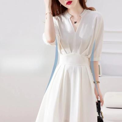Imitation of Bamboo-shaped Dress with Summer V-neck Short-sleeved Waist-depressed Shoulder-depressed Dress for Women