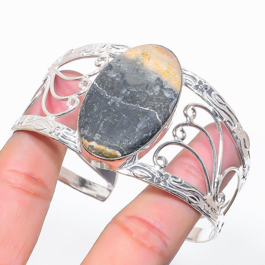 Natural Bumble Bee Jasper Gemstone 925 Sterling Silver Cuff Bangle Adj L9O68