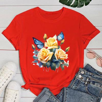 (Premium T-shirt)Flowers Butterfly T-Shirt Women Fashion Harajuku T Shirt Summer Cool Short Sleeve Hip Hop Top Tee