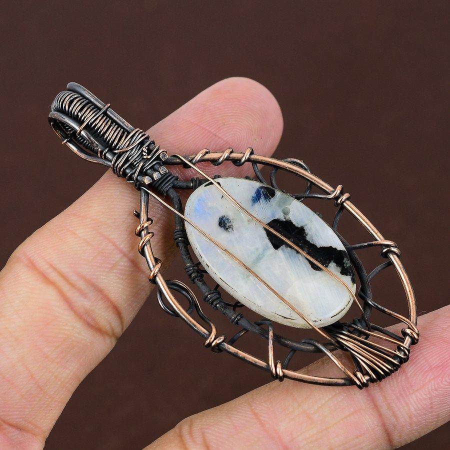 Natural Bumblebee Jasper, Moonstone Gemstone Copper Wire Wrap Pendant 2.96" P9T69
