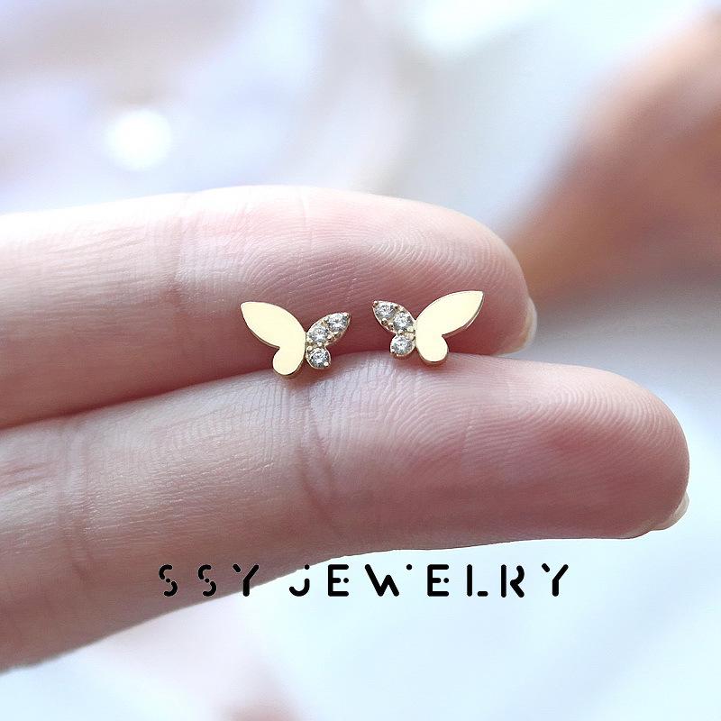 14K Gold-Plated S925 Sterling Silver Butterfly Zirconia Stud Earrings - Exquisite & Versatile Fairy Style Silver Pair (with Silver Ear Plugs)