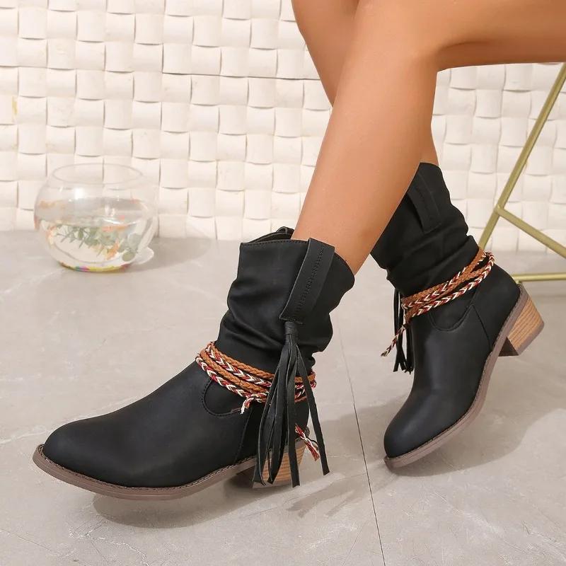 Retro Women Chunky Mid Calf Boots 2026 Trend Women Shoes New Winter Leather Pleather Fringe Fashion Goth Gladiator Boots Mujer