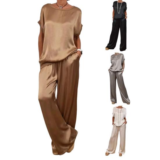 2 Piezas/Set Conjunto de Top y Pantalones para Mujer Satén Cuello Redondo Mangas Medias Blusa