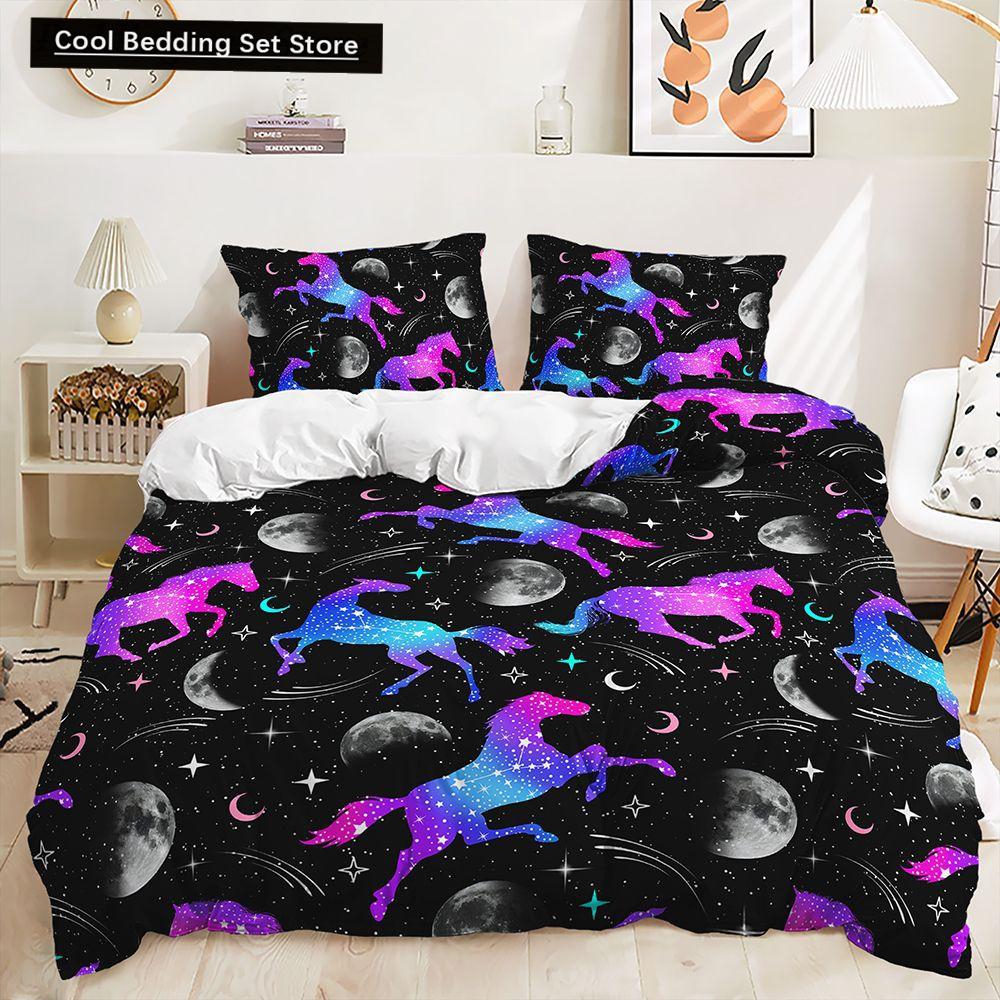 Rainbow Unicorn Bedding Set King Queen Size Rainbow Unicorns Duvet Cover Set with Pillowcase Polyester Bed Linen for Kids Girls